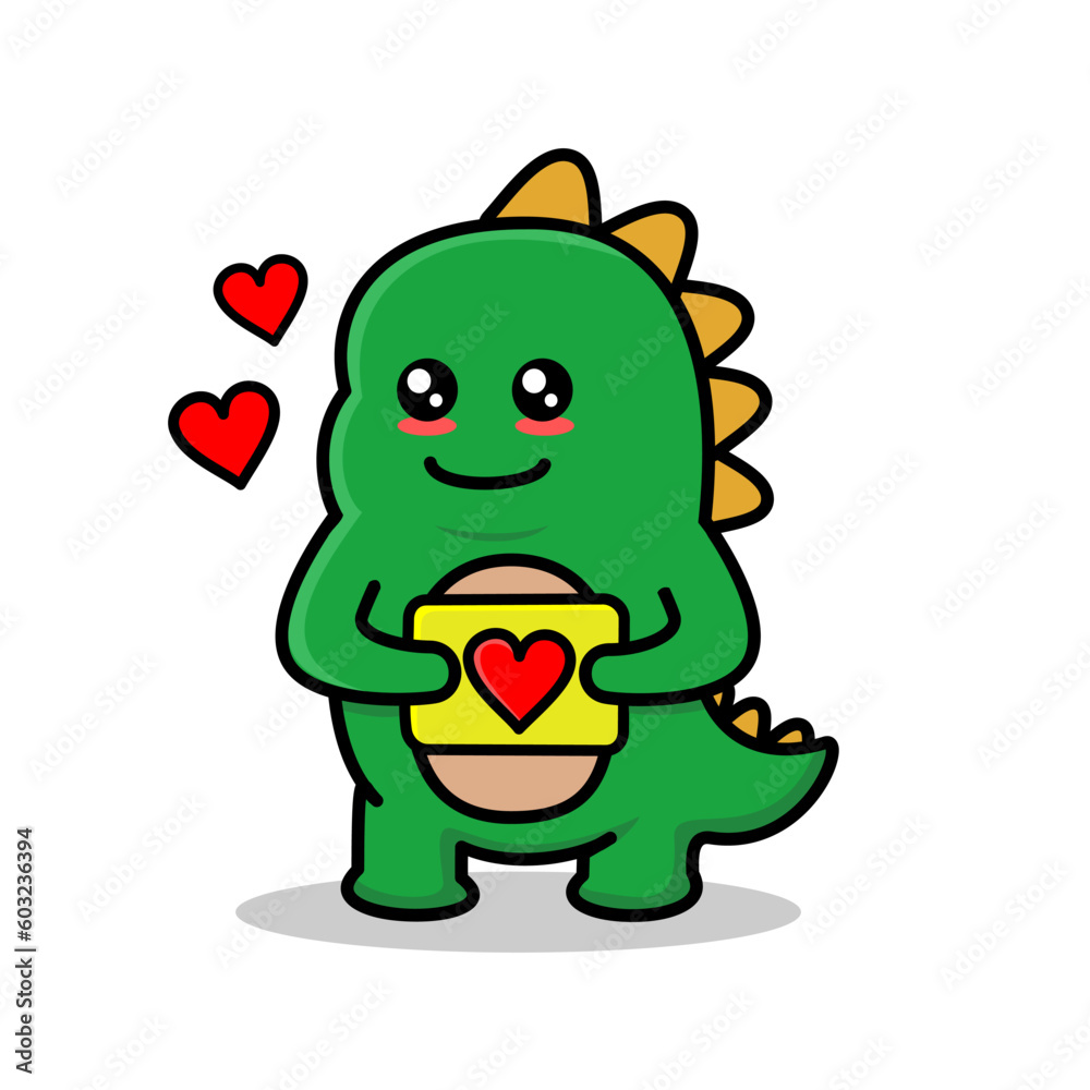 Vector illustration of a cute green dino that holding the board with a love sign