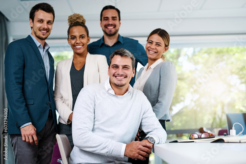 Diversity, portrait of colleagues smile and in office of their workplace with lens flare. Corporate team or businesspeople, collaboration or teamwork and happy group smiling together at work