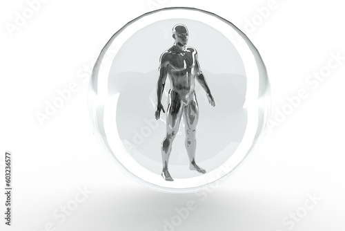 3D illustration of a male silver body on a white background. Metal mannequin in security bubble. 