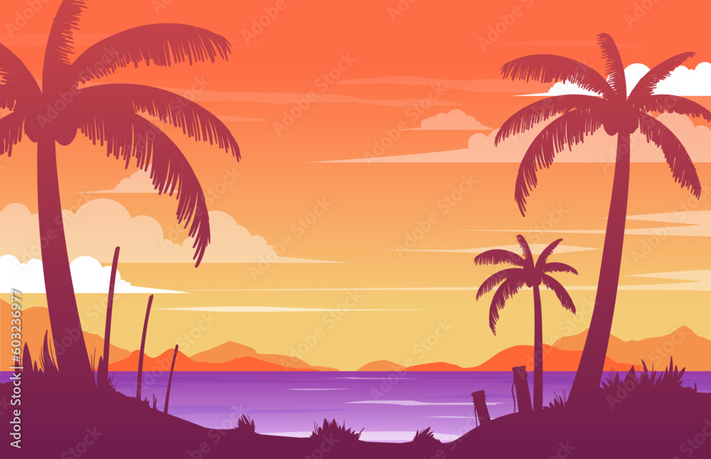 gradient beach palms and the ocean landscape