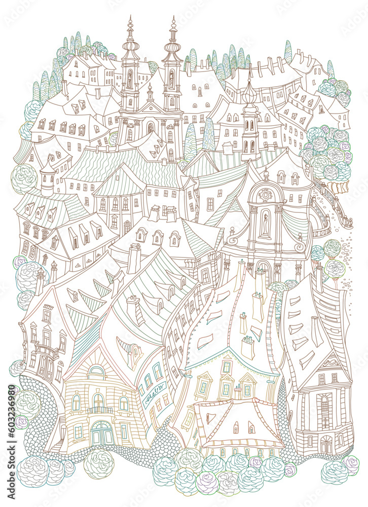 Vector colored contour fantasy landscape, fairy tale small town medieval buildings. Coloring Book page, Travel brochure 