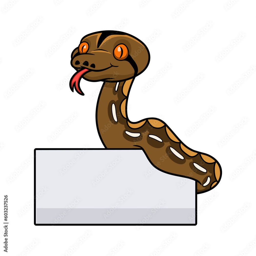 Fototapeta premium Cute tiger reticulatus python cartoon with blank sign