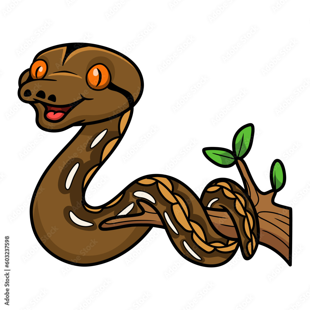Fototapeta premium Cute tiger reticulatus python cartoon on tree branch