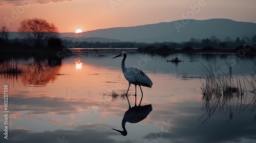  a bird is standing in the water at sunset or dawn.  generative ai