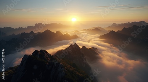  the sun is setting over a mountain range with low lying clouds. generative ai