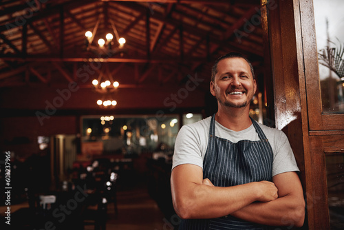 Schilderij op canvas Happy man, portrait and small business owner of restaurant, cafe or pub with a smile for career pride