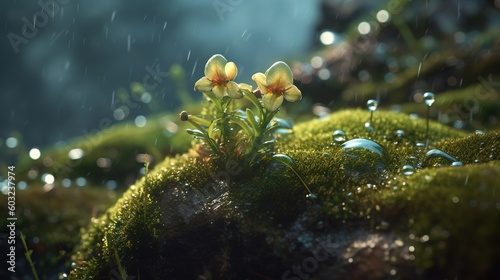  a close up of a flower on a mossy surface. generative ai