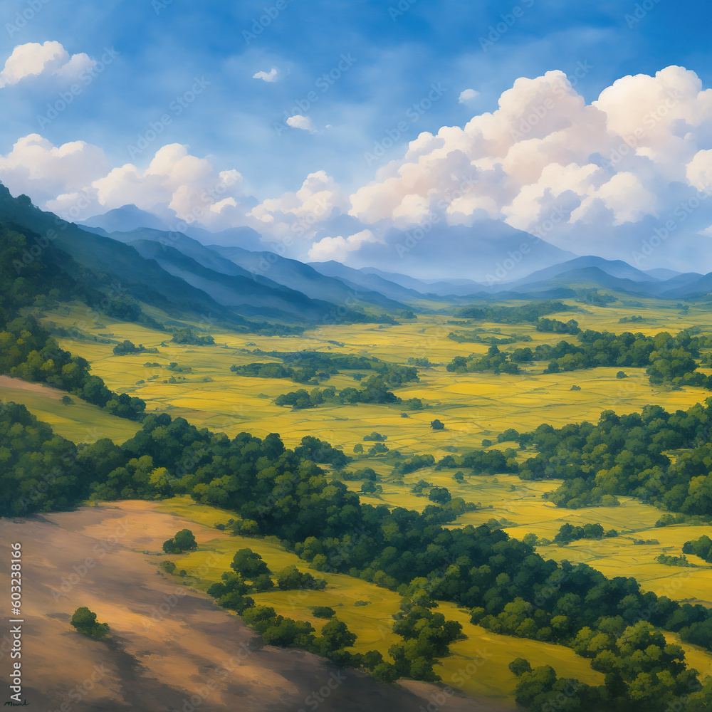 Obraz premium Generative AI, Field countryside with blue sky outdoors in Japanese painting style