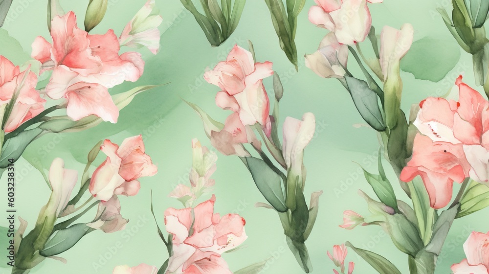  a watercolor painting of pink flowers on a green background.  generative ai