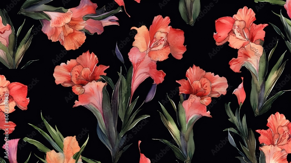 a pattern of red and orange flowers on a black background. generative ai a pattern of red and orange flowers on a black background. generative ai