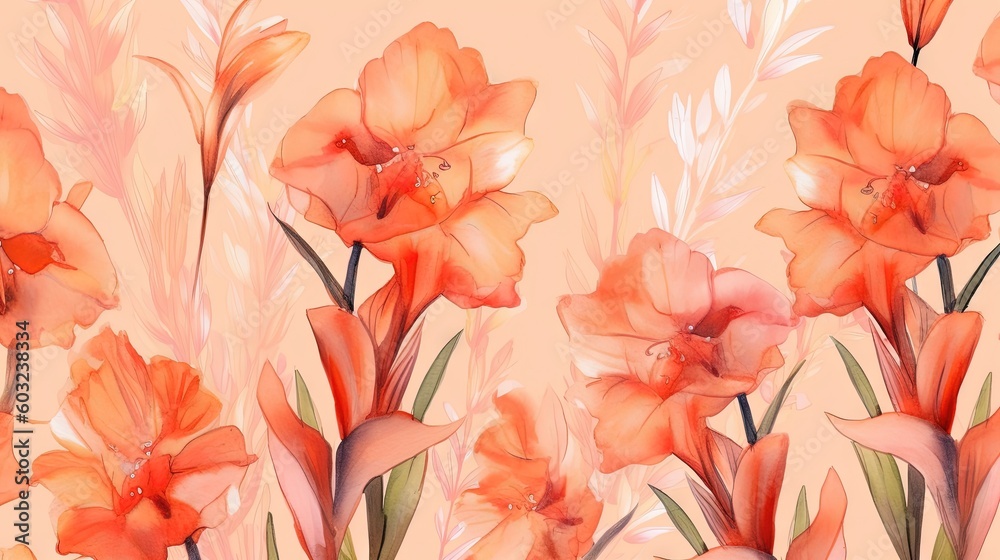  a painting of orange flowers on a pink background with green leaves.  generative ai