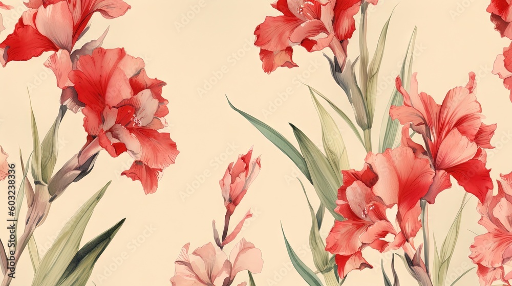 a painting of red flowers on a beige background with green leaves. generative ai a painting of red flowers on a beige background with green leaves. generative ai