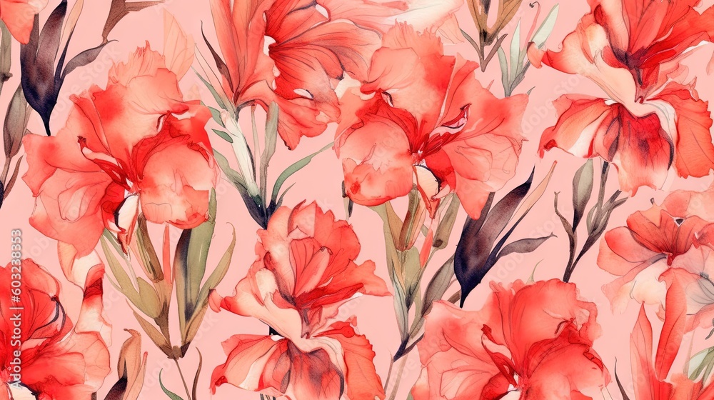  a watercolor painting of red flowers on a pink background.  generative ai