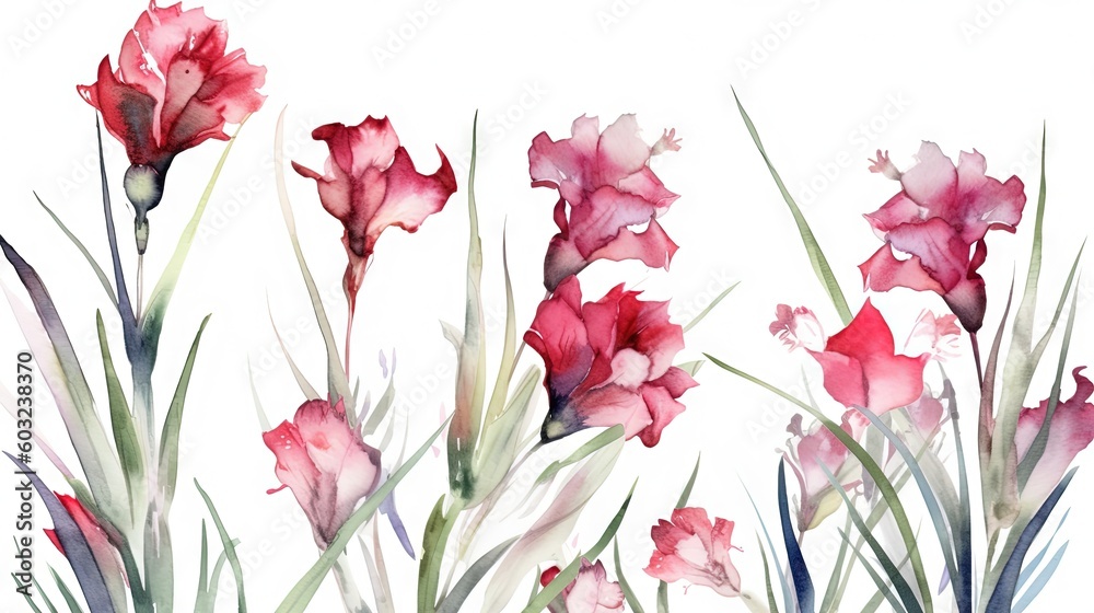  a watercolor painting of pink flowers and green grass on a white background.  generative ai