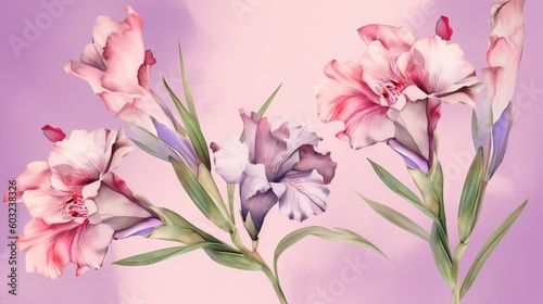  a painting of pink and white flowers on a purple background. generative ai