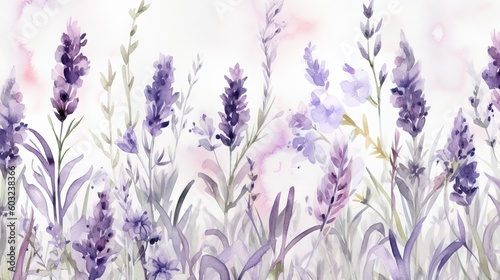  a watercolor painting of purple flowers and grass on a white background. generative ai