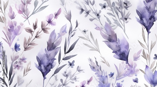 a watercolor painting of purple flowers on a white background.  generative ai