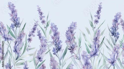  watercolor painting of lavender flowers on a blue and white background.  generative ai