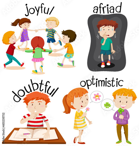 English vocabulary adjective word with cartoon characters