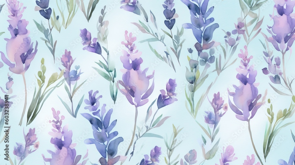  a watercolor painting of lavender flowers on a blue background.  generative ai