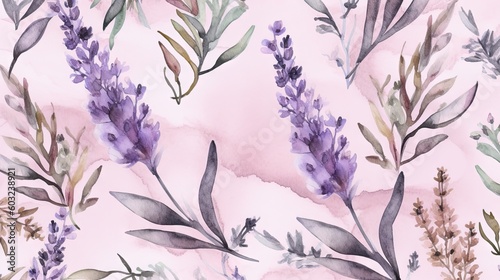  a watercolor painting of lavender flowers on a pink background. generative ai