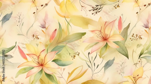  a watercolor painting of flowers and leaves on a yellow background. generative ai