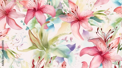  a watercolor painting of pink lilies and green leaves.  generative ai