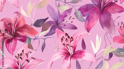  a pink background with pink and purple flowers and leaves on it.  generative ai