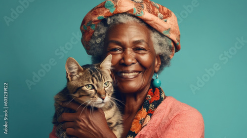 A modern afro senior woman and her beloved cat against a studio blue backdrop. Generative AI