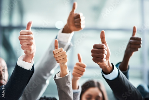 Success, thumbs up and teamwork of people with thank you, support or group hands for vote, yes or like emoji. Great, ok and business women, men or winner with team work, thanks or winning sign in air photo