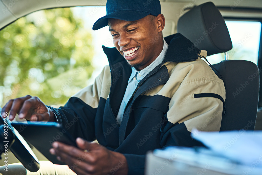 © Camerene P/peopleimages.com - Delivery, courier van and black man with tablet for distribution, shipping logistics and transport. Ecommerce, online shopping and male worker on digital tech to deliver package, order and product