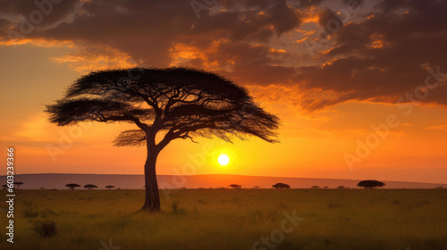 Acacia tree silhouette standing tall against the backdrop of a breathtaking sunset. Generative AI