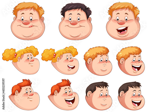 Set of fat cartoon character face
