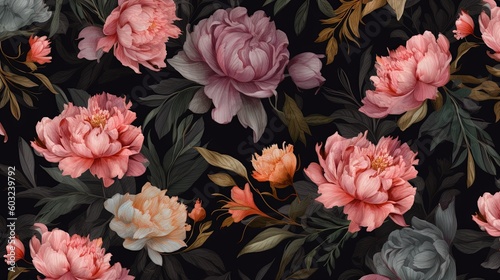  a bunch of pink and grey flowers on a black background.  generative ai