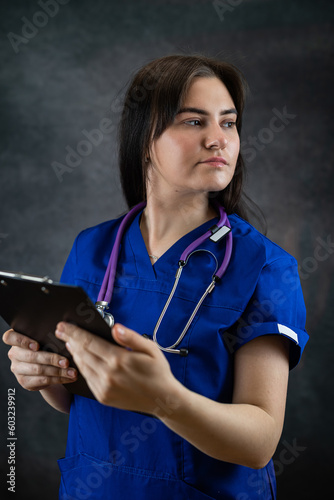 Portrait of caucasian young nurse woman doctoc wear blue uniform holding clipboard photo