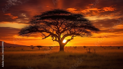 Acacia tree silhouette standing tall against the backdrop of a breathtaking sunset. Generative AI © piai