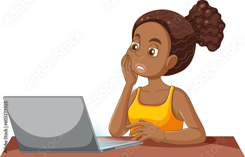 Worried African American girl using laptop