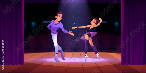 Couple dance ballet on theater stage cartoon background. Theatre scene with curtain and spotlight with magic sparkle. Young ballerina and man play performance and dancing with passion on wooden floor
