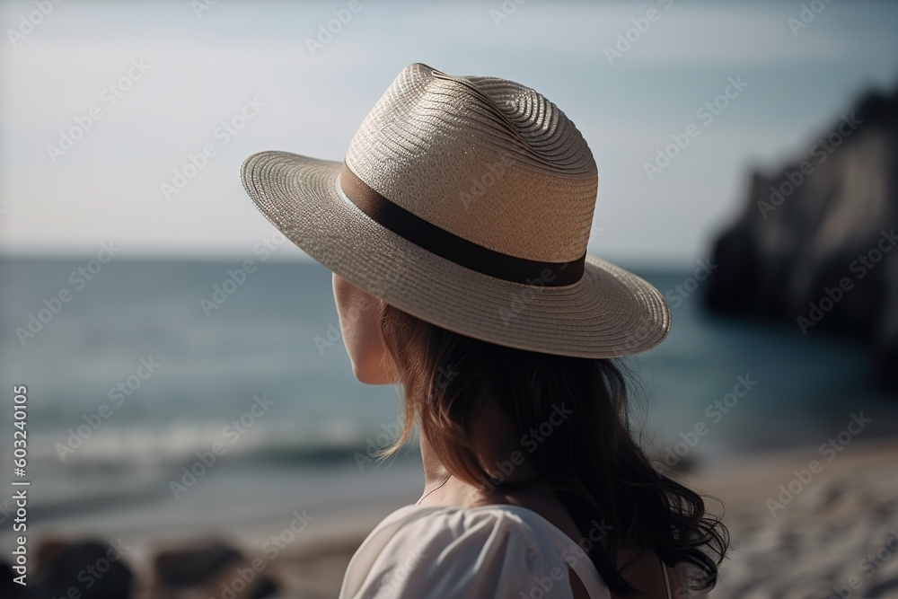 Beautiful caucasian carefree young beautiful woman in summer dress and straw hat enjoying sea while standing on beach, back view. Generative AI