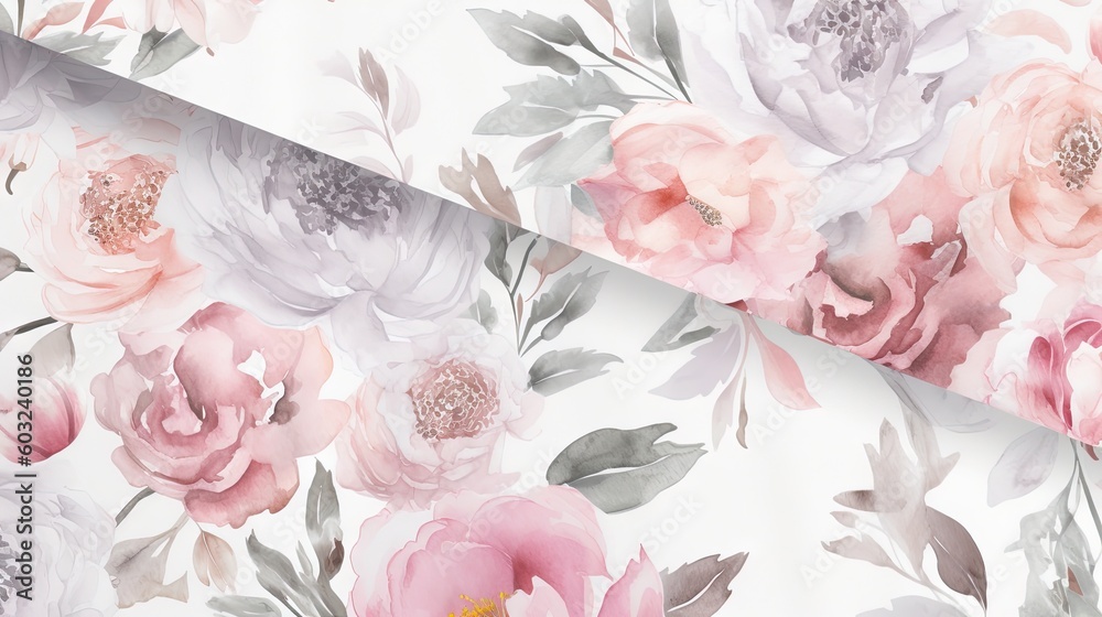  a floral wallpaper with pink flowers on a white background.  generative ai