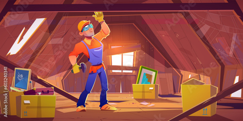 Worker man repair abandoned home attic vector cartoon illustration. Happy repairman fix home building roof in cap. Character help broken apartment with window and boxes. Technician builder with hammer