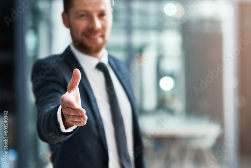 Handshake, offer and portrait of professional man for success, agreement or introduction, hiring and welcome. Business person shaking hands in pov meeting, night deal or congratulations and thank you