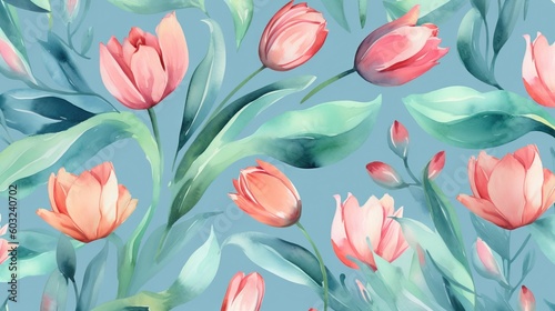  a painting of pink flowers and green leaves on a blue background.  generative ai