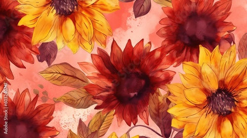  a painting of sunflowers on a pink background with leaves.  generative ai