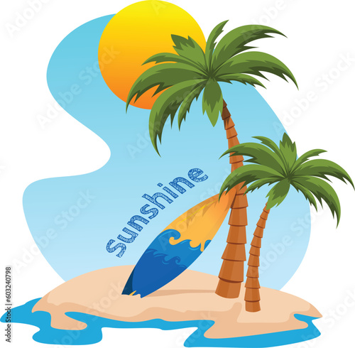 beautiful morning at the beach on a stranded island with palm trees and surfboard to surf on the wavy ocean. scorching sun coming out from behind the tall trees. png sticker can be printed on clothing