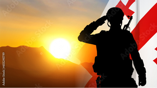 Silhouette of a saluting soldier with Georgia flag against the sunset in the mountains. Concept - Independence Day. EPS10 vector