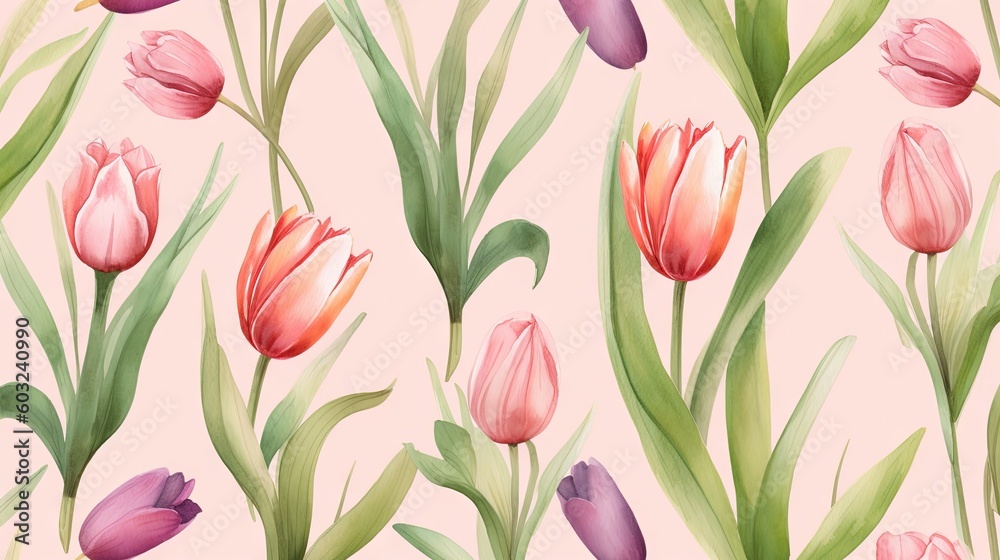  a pattern of pink and red tulips on a pink background.  generative ai