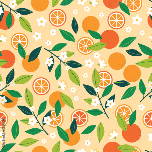 Seamless bright pattern with oranges, branches, leaves, orange flowers and slices. Contemporary template for design. 