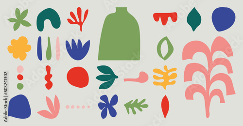 Set of abstract organic shapes inspired by matisse. Plants, leaf, algae, vase in paper cut collage style. Contemporary aesthetic vector element for logo, decoration, print, cover, wallpaper.