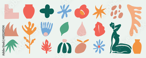 Set of abstract organic shapes inspired by matisse. Plants, leaf, people, algae, vase in paper cut collage style. Contemporary aesthetic vector element for logo, decoration, print, cover, wallpaper.